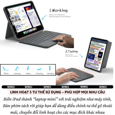 Case bao da bàn phím bluetooth V5.3 tích hợp trackpad / touchpad hiệu WIWU WM005 cho iPad Pro 11 13 inch M4 Pro 11 2020/21/22 Air 4/5/6/7 Gen 7 8 9 10.2 inch 10.5 inch - Bàn phím từ tính nam châm tháo rời, tích hợp giá đỡ - Hàng nhập khẩu