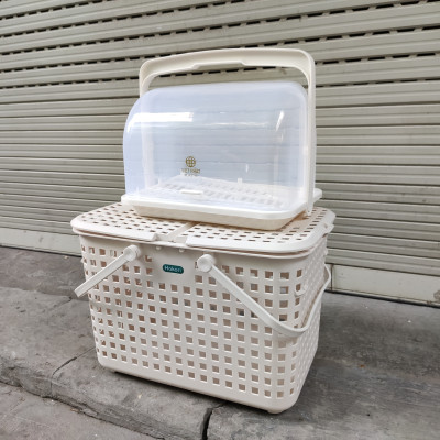 Combo khay kệ úp bình sữa và Giỏ làn đựng đồ đi sinh cho mẹ và bé bằng nhựa cao cấp quai giữa có nắp đậy Hàn Quốc