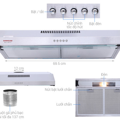 Máy hút mùi âm tủ vỏ inox Sunhouse SHB6118I - Hàng chính hãng