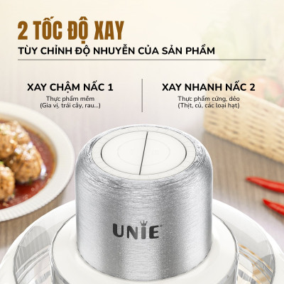 Máy xay thịt UNIE UM366, công suất 400W, 2 cối thủy tinh tiện lợi, động cơ đồng cao cấp;  xay thịt, đánh ruốc, bóc tỏi tiện lợi; hàng chính hãng bảo hành 12 tháng