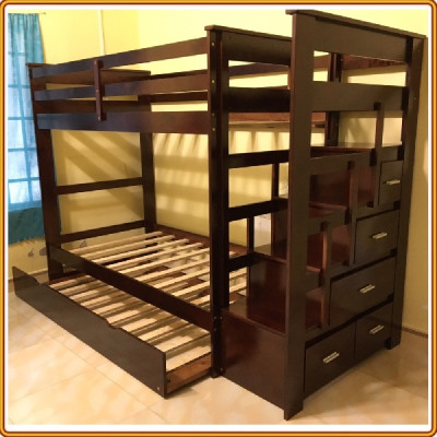 Giường 3 tầng kèm hộc kéo phụ sát đất Tundo màu nâu 