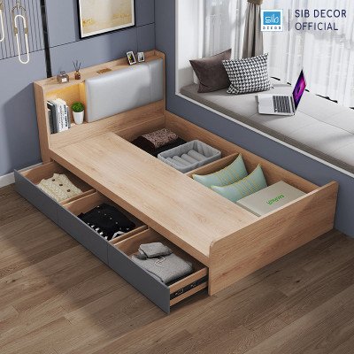 Giường Gỗ Đơn Dài 1.2m Phối Đèn LED và 3 Ngăn Kéo Màu Oak Phối Xám Chì SIB Decor GN16