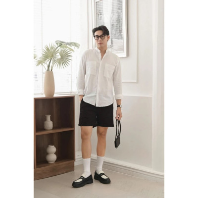 Áo sơ mi nam vảo Linen thoáng mát, cáo cấp cổ tàu form rộng tay dài 2 túi MS06