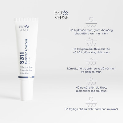 Gel chấm mụn 3% Succinic acid + 1% Salicylic Acid hỗ trợ giảm khuẩn và se còi mụn Bioverse S311 Succinic Acneout 10ml 