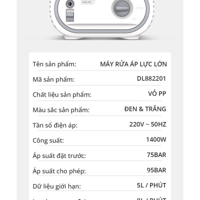 Máy Rửa Xe Mini Deli Công Suất Lớn - Tiết Kiệm Điện Năng, Phun Rửa Đa Năng - DL882201