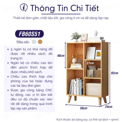 Tủ Kệ Sách Gỗ Đa Tầng 4 Chân Cao Cấp FIVO Mẫu FB60 Màu Gỗ, Nội Thất Lắp Ráp Đơn Giản, Nhiều Ngăn Rộng Rãi (Có Kèm Tấm Lưng)