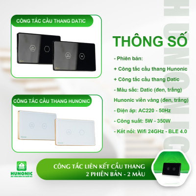 Công Tắc Cầu Thang Wifi Datic Hunocnic màu trắng cảm ứng điều khiển từ xa, giong nói qua điện thoại