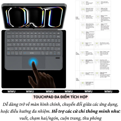 Case bao da bàn phím bluetooth V5.3 tích hợp trackpad / touchpad hiệu WIWU WM005 cho iPad Pro 11 13 inch M4 Pro 11 2020/21/22 Air 4/5/6/7 Gen 7 8 9 10.2 inch 10.5 inch - Bàn phím từ tính nam châm tháo rời, tích hợp giá đỡ - Hàng nhập khẩu
