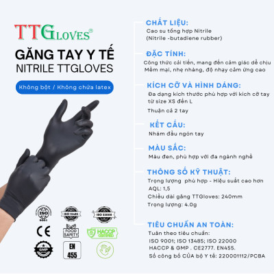 Găng Tay Y Tế Size XS Không Bột Nitrile Màu Đen TTGLOVES (100 chiếc)