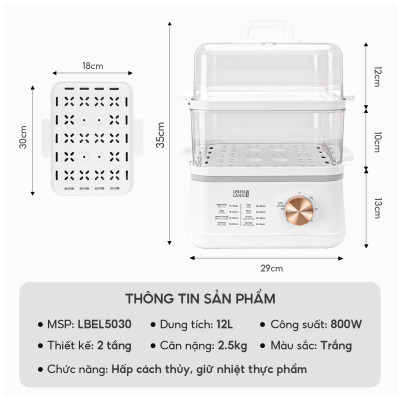 Nồi hấp điện đa năng LEBENLANG LBEL5030 hấp 2 tầng,12L tiện lợi, 800W, bảo hành 2 năm - hàng chính hãng