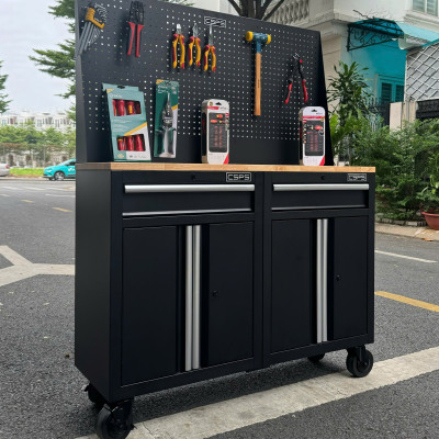 Bộ 2 Tủ dụng cụ CSPS 122cm màu đen mặt ván gỗ kèm vách lưới - 02 hộc kéo (tay cầm trắng)