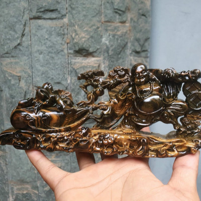 Tượng phật di lặc kéo bào tiền mini bằng gỗ mun hoa tuyệt đẹp kt 20×8×6cm