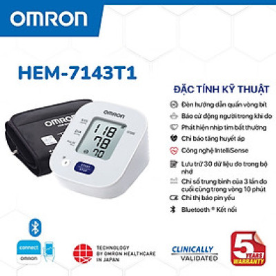 Máy Đo Huyết Áp Điện Tử Omron HEM-7143T1 Kết Nối Bluetooth, Lưu Trữ 30 Dữ Liệu Đo - Hành Chính Hãng