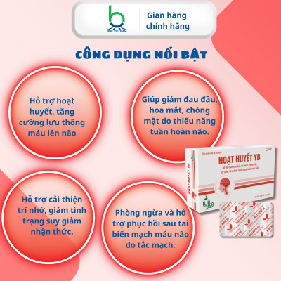 Viên Uống Hoạt Huyết YB  Hỗ Trợ Tuần Hoàn Não, Giảm Đau Đầu, Hoa Mắt, Chóng Mặt - Hộp 30 viên