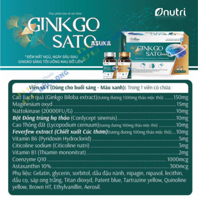 Bổ não Ginkgosato sasuka pharma, viên uống bổ não, tuần hoàn máu não, Hộp 2 lọ x 30 viên – Đức Long