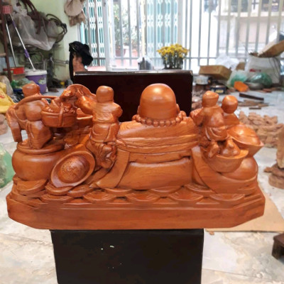 Tượng phật di lặc ngũ phúc bằng gỗ hương đá liền khối kt 60×30×30cm