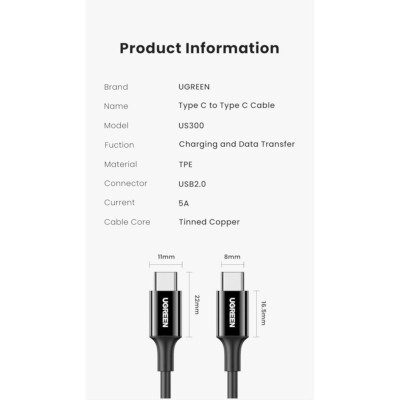 Ugreen UG30700US300TK 0.5M USB-C 2.0 100W 5A Cáp sạc nhanh , truyền dữ liệu 2 đầu Type-C - HÀNG CHÍNH HÃNG