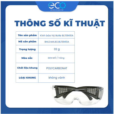 Kính bảo hộ chống hoá chất Bolle BL110N10A Pháp dùng chung được với kính cận