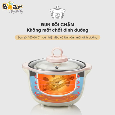 Nồi Nấu Chậm 1,6L Bear SUBE002 Đa Năng Nấu Cháo, Chưng Yến Bản Quốc Tế - Hàng Chính Hãng