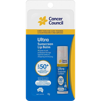 Son dưỡng môi chống nắng Cancer Council Ultra Sunscreen Lip Balm SPF50+ (4g) - Hàng chính hãng