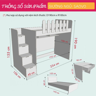 Giường tầng bằng gỗ thiết kế thông minh cho bé SMLIFE Saovo