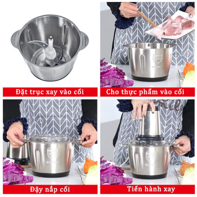 Máy Xay Thịt Cối Inox 304 Loại 4 Lưỡi Đa Năng Công Suất 250W Máy Xay Mini Cầm Tay Siêu Khỏe Dễ Dàng Sử Dụng  Dung Tích 2 Lít - Hàng Nhập Khẩu