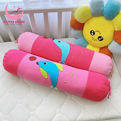 Gối ôm trẻ em dài 70cm Katina House, vải cotton cara mềm mại, thoáng mát, họa tiết đắp hình cá