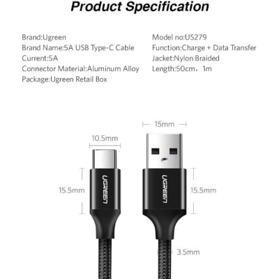 Ugreen UG50566US279TK 0.5M 5A Cáp dữ liệu USB Type-C sang USB 2.0 màu đen - HÀNG CHÍNH HÃNG