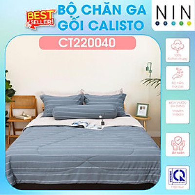 NEW ARRIVAL Bộ 5 món drap cotton, áo gối, mền chần NIN Calisto CT220040 1m6, 1m8 bọc nệm bo chun, cao cấp