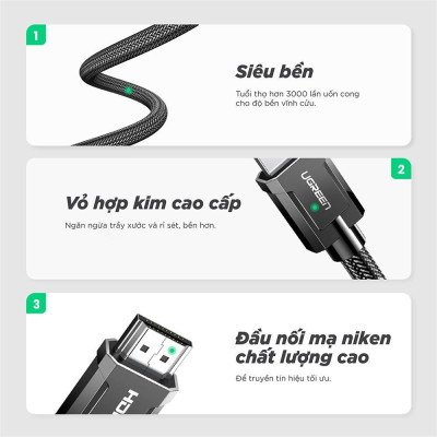 Ugreen UG70325HD136TK 3M 2.0 4K 60Hz 18Gbps màu đen Cáp HDMI chống nhiễu độ phân giải Cao - HÀNG CHÍNH HÃNG