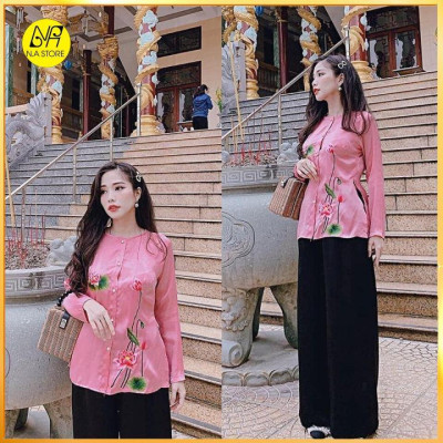 Bộ Đi Lễ Chùa - Đồ Lam Nữ Đi Chùa Đẹp Cao Cấp Trang Nhã Vải Lụa Thêu Sen Ngọc 2021 Dành Cho Phật Tử AL017