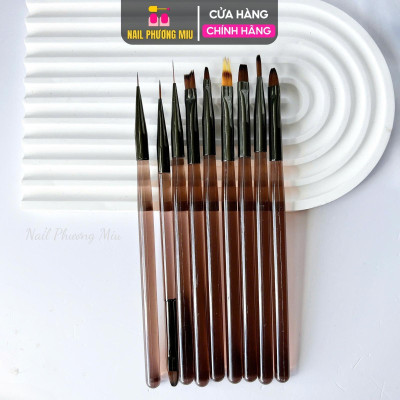 Bộ Set Cọ 9 Cây Làm 10 Đầu Làm Nail, Màu Nâu, Cọ Bản, Cọ Fen, Cọ vẽ Omber, Cọ Nét, Cọ Đắp Gel Cho Thợ Làm Nail Tiện Lợi