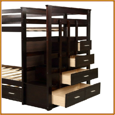 Giường 3 tầng kèm hộc kéo phụ sát đất Tundo màu nâu 