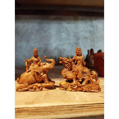 Cặp tượng văn thù phổ hiền bồ tát bằng gỗ bách xanh thơm nức kt 10×10×4cm