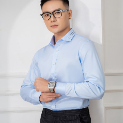 Áo sơ mi nam dài tay ALIGRO chất liệu 100% cotton  , cổ bẻ dáng ôm chống nhăn Blue ALGS212