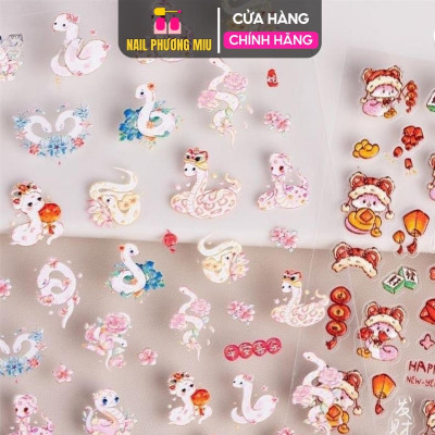 Sticker 5D Dán Móng Tết 2025 Hình Rắn, Hình Dán Móng Đèn Lồng, Tia Sáng p.hoa, Quả Đào Dễ Thương Diy