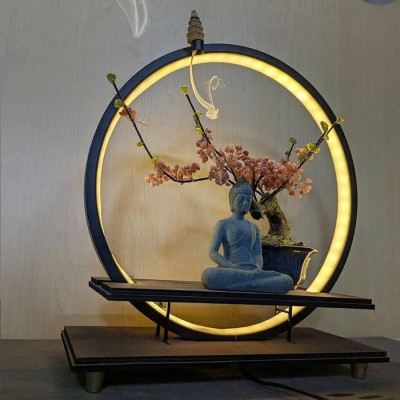 Kệ Gỗ Cao Cấp Kết Hợp Đèn LED Trang Trí Vòng Hào Quang 20/30/40cm – 3 Màu – Decor Bàn Làm Việc, Bàn Trà – Kèm Quà Tặng