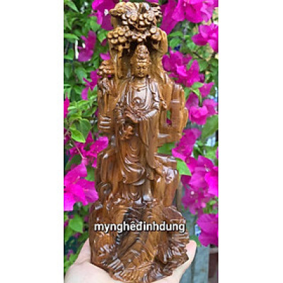 Tượng quan âm bồ tát năm hải tọa sơn bằng gỗ bách xanh thơm nức kt cao 22x9x7cm