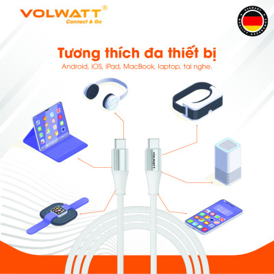 Cáp sạc siêu nhanh 60W Volwatt GE-S16-CC hàng chính hãng | Cáp Type-C to Type-C truyền dữ liệu 480Mbps, dây bện, dài 1m | BH 12 tháng