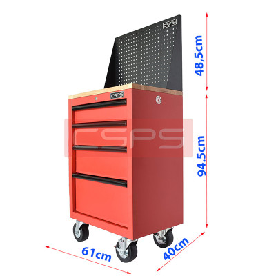Tủ dụng cụ CSPS 61cm - 04 hộc kéo màu đỏ mặt ván gỗ kèm vách lưới