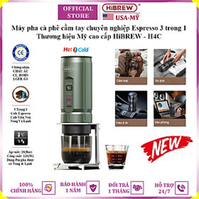 Máy pha cà phê cầm tay chuyên nghiệp Espresso 3 trong 1, dùng pin có thể pha cả nóng và lạnh thương hiệu Mỹ cao cấp HiBREW H4C - Hàng Nhập Khẩu