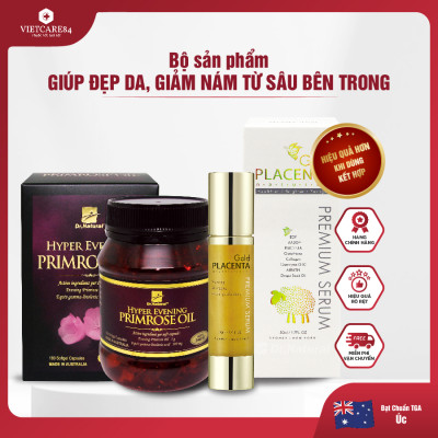Bộ Sản Phẩm Đẹp Da, Giảm Nám: Viên Nội Tiết Hyper Evening Primrose Oil 180 Viên, Serum Vàng Nhau Thai Cừu Dr Natural Gold Placenta Premium 50ml