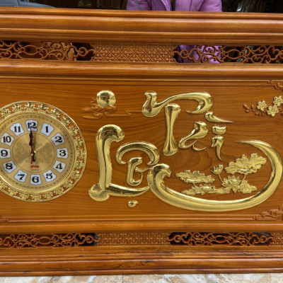 Tranh đồng hồ treo tường khắc chữ tài lộc bằng gỗ gõ đỏ kt 67×127×4cm