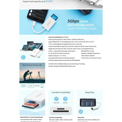 Ugreen UG40864US235TK 15CM màu Trắng Đầu đọc thẻ USB TYPE C sang 2 cổng Micro SD + TF 4.0 - HÀNG CHÍNH HÃNG