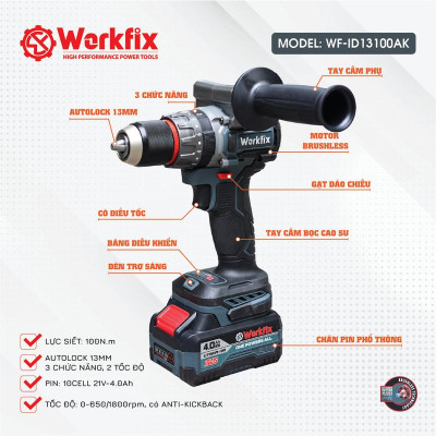 Máy Khoan 3 Chức Năng 100N.m Workfix - ID13100AK - Đầu Kẹp 13mm Auto Lock - Chống Lật Cổ Tay - Brushless Motor - Chân Pin Phổ Thông - 2 Pin 21V/4Ah PLUS - Có Tay Cầm Trợ Lực