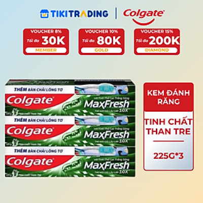 Bộ 3 Kem đánh răng Maxfresh Bamboo Charcoal 225g kèm bàn chải lông tơ phủ than