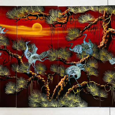 Bộ Tranh sơn mài 4 tấm -TÙNG HẠC DIÊN NIÊN - khảm cừ size 50x80 cm - Ý Nghĩa Phong Thủy