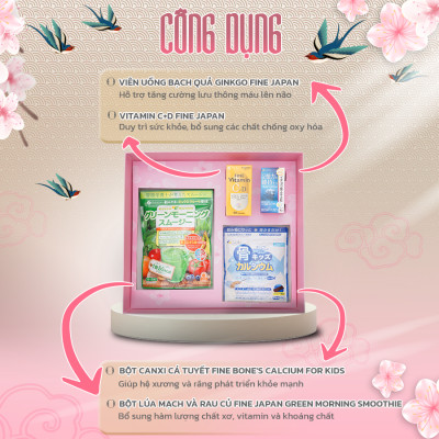 [Hộp quà Tết 2023] SAKURA TẾT VIÊN MÃN Fine Japan hộp quà cho cả gia đình (Bột rau xanh, Vitamin CD, bổ não, canxi cá tuyết)
