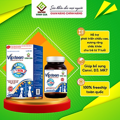 Viên Uống  Hỗ trợ Tăng Chiều Cao Vipteen Vinh Gia, Giúp Thể Lực Tốt Cho Trẻ 9 -18 Tuổi (LỌ/ 60v)