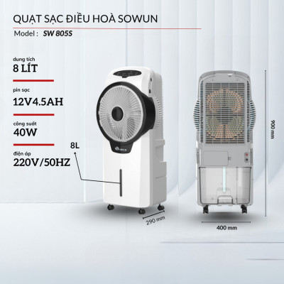 Quạt Tích Điện Điều Hòa SOWUN SW805S,Công Suất 40W Vừa Tích Điện Vừa Làm Mát Bằng Hơi Nước